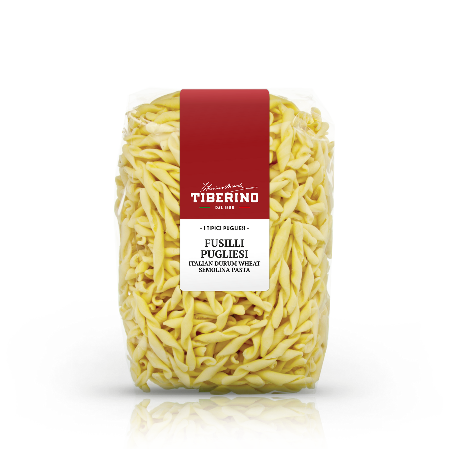 Confezione trasparente di Fusilli Pugliesi Tiberino 1888, pasta di semola di grano duro, con etichetta rossa e bianca.