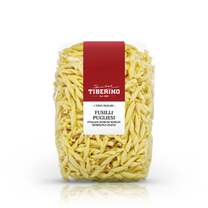 Confezione trasparente di Fusilli Pugliesi Tiberino 1888, pasta di semola di grano duro, con etichetta rossa e bianca.