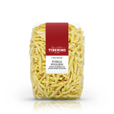 Confezione trasparente di Fusilli Pugliesi Tiberino 1888, pasta di semola di grano duro italiano, con etichetta rossa e bianca.
