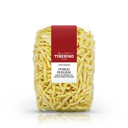 Confezione trasparente di Fusilli Pugliesi Tiberino 1888, pasta di semola di grano duro italiano, con etichetta rossa e bianca.