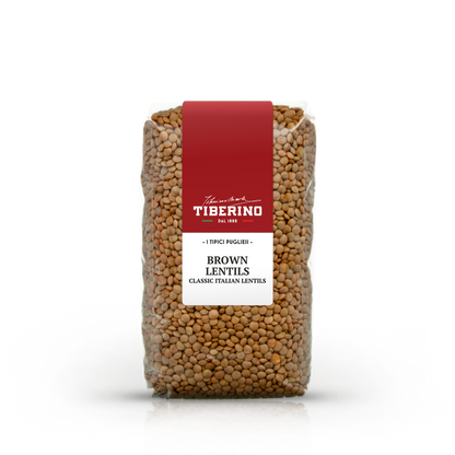 Sacchetto trasparente di lenticchie brune Tiberino 1888 con etichetta rossa e bianca, "Brown Lentils".