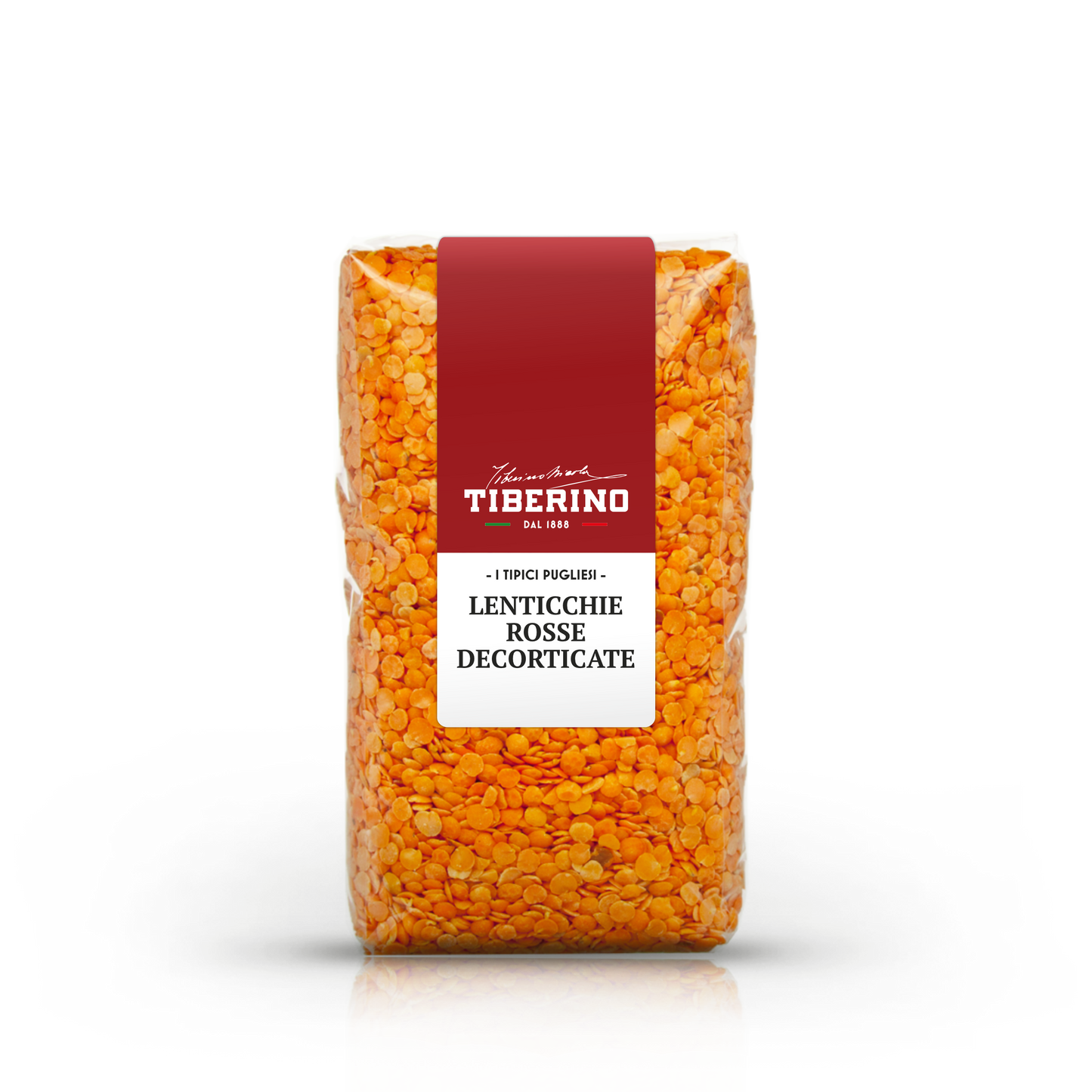 Sacchetto trasparente di lenticchie rosse decorticate Tiberino 1888 con etichetta rossa e bianca.