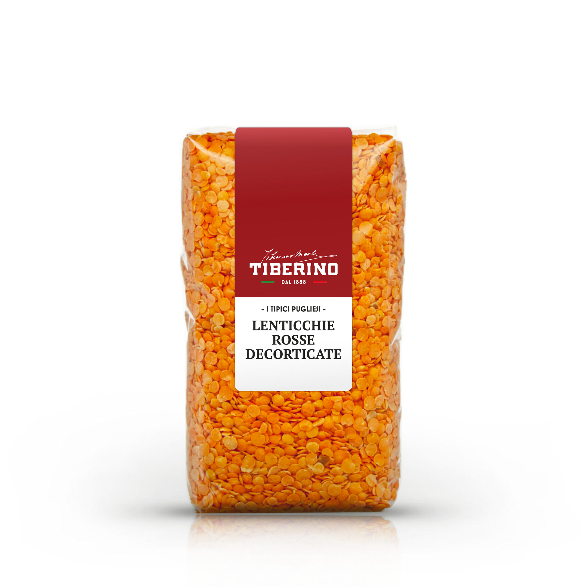 Sacchetto trasparente di lenticchie rosse decorticate Tiberino 1888 con etichetta rossa e bianca.