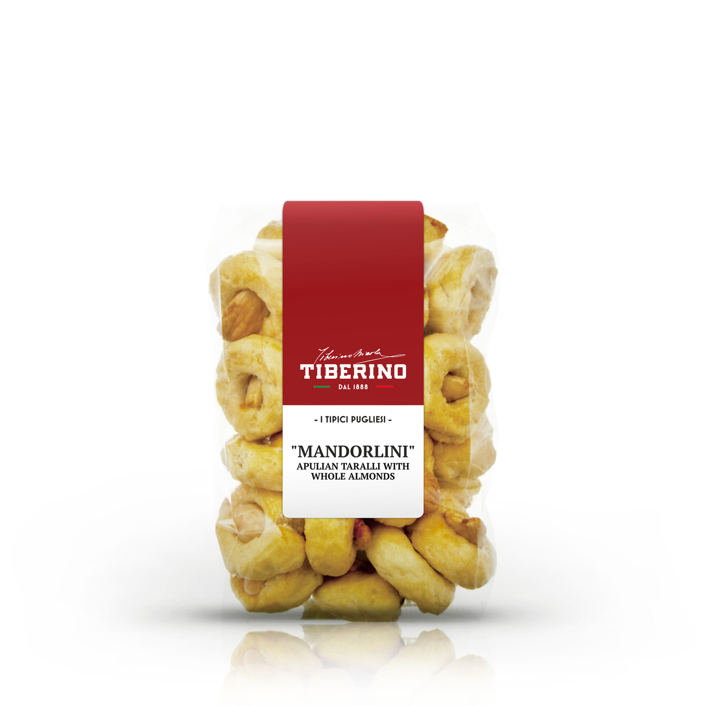 Sacchetto trasparente di taralli pugliesi "Mandorlini" Tiberino 1888 con mandorle intere, etichetta rossa e bianca.