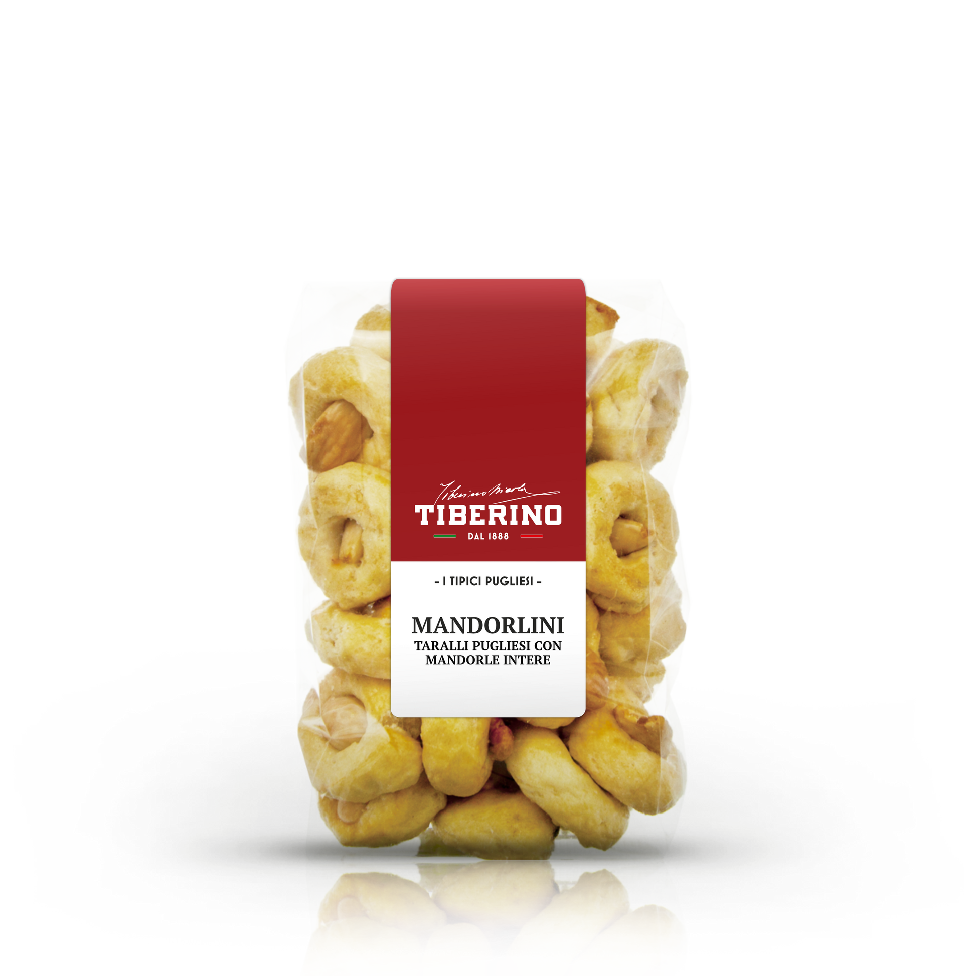 Confezione trasparente di Mandorlini Tiberino 1888, taralli pugliesi dorati con mandorle intere, etichetta rossa.