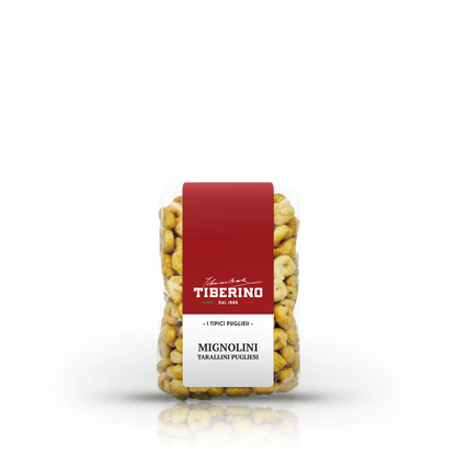 Confezione trasparente di Mignolini Tarallini Pugliesi Tiberino 1888, etichetta rossa e beige, 200g.