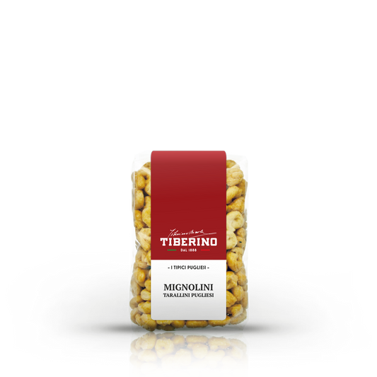 Confezione trasparente di Mignolini Tarallini Pugliesi Tiberino 1888, etichetta rossa e beige, 200g.