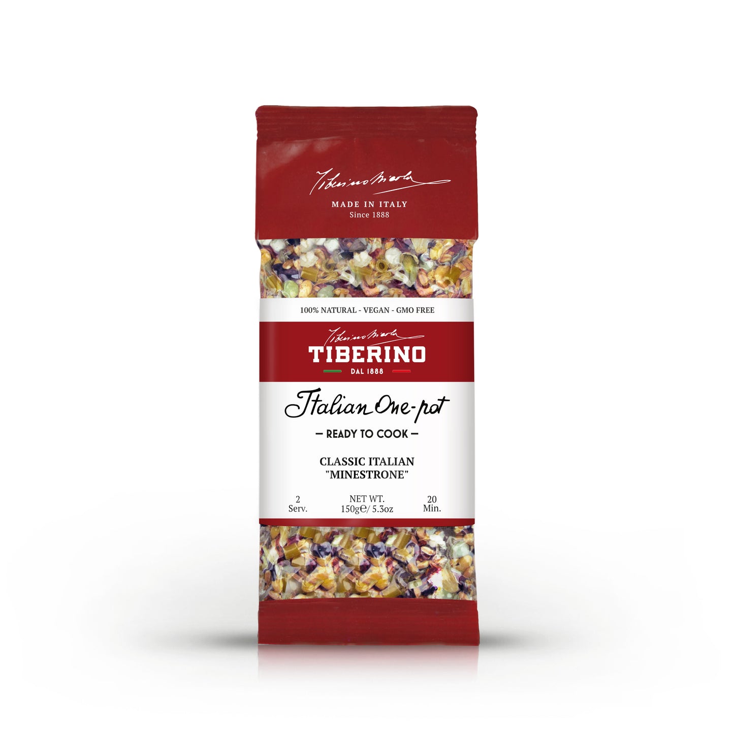 Busta rossa opaca di Minestrone Tiberino 1888 con ingredienti visibili, etichetta bianca e testo nero.
