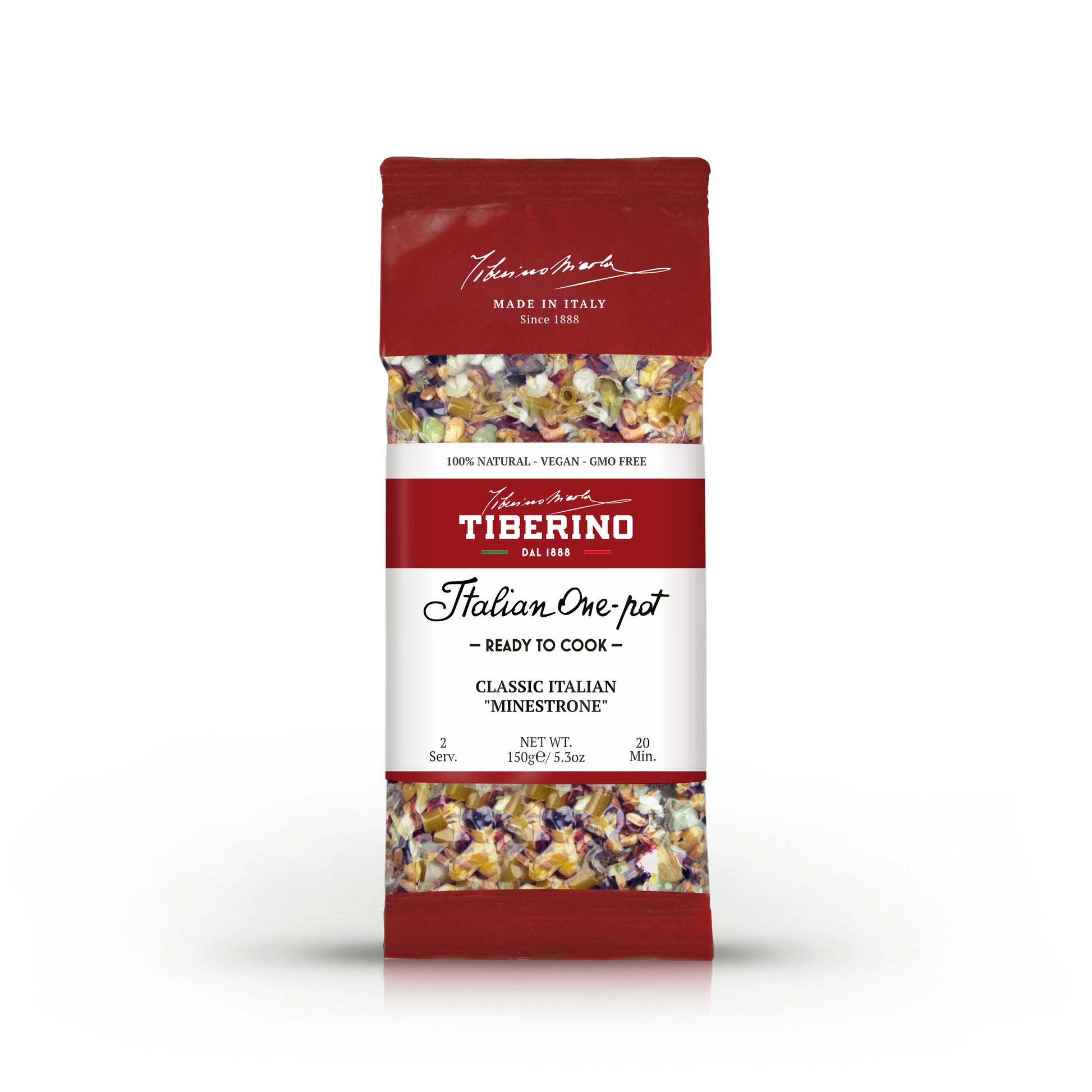 Busta rossa opaca di Minestrone Tiberino 1888 con ingredienti visibili, etichetta bianca e testo nero.