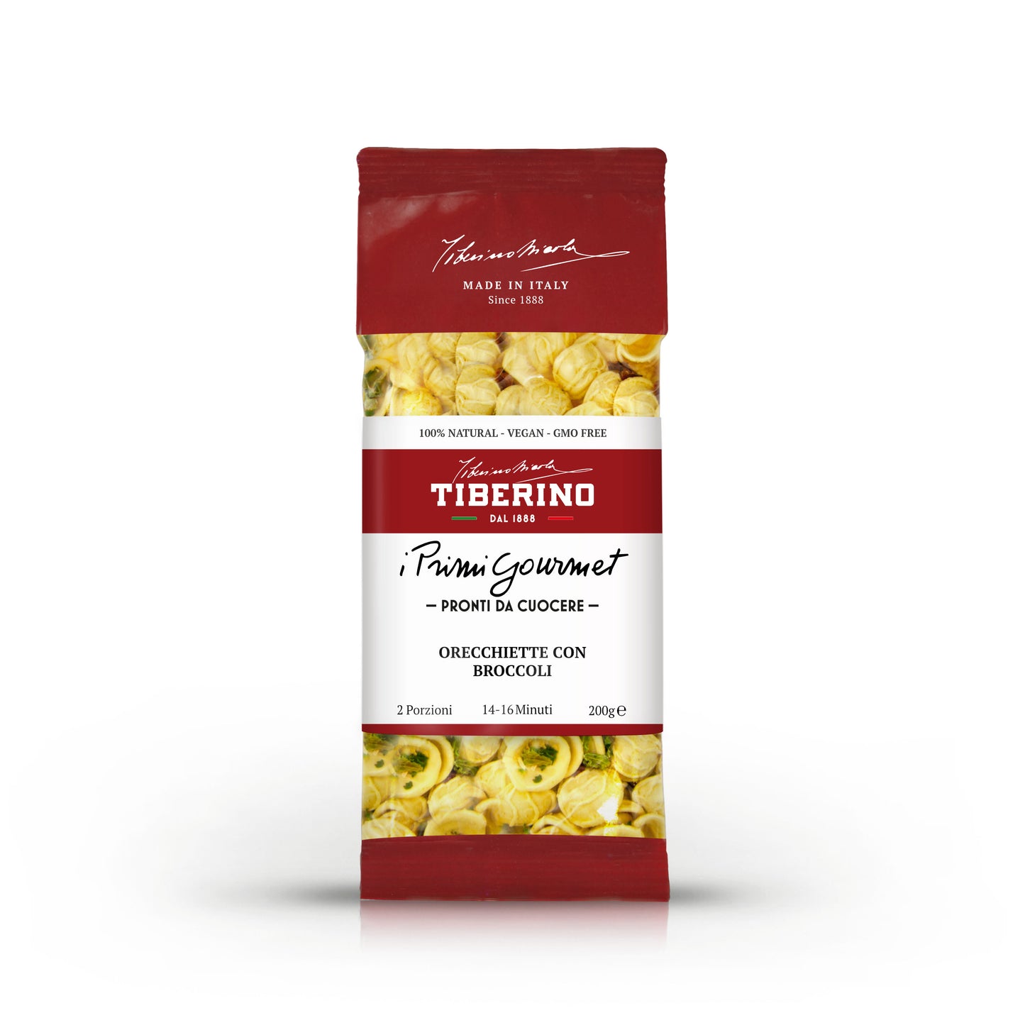 Confezione rossa Tiberino 1888 di orecchiette con broccoli, 200g, 2 porzioni, tempo cottura 14-16 minuti.