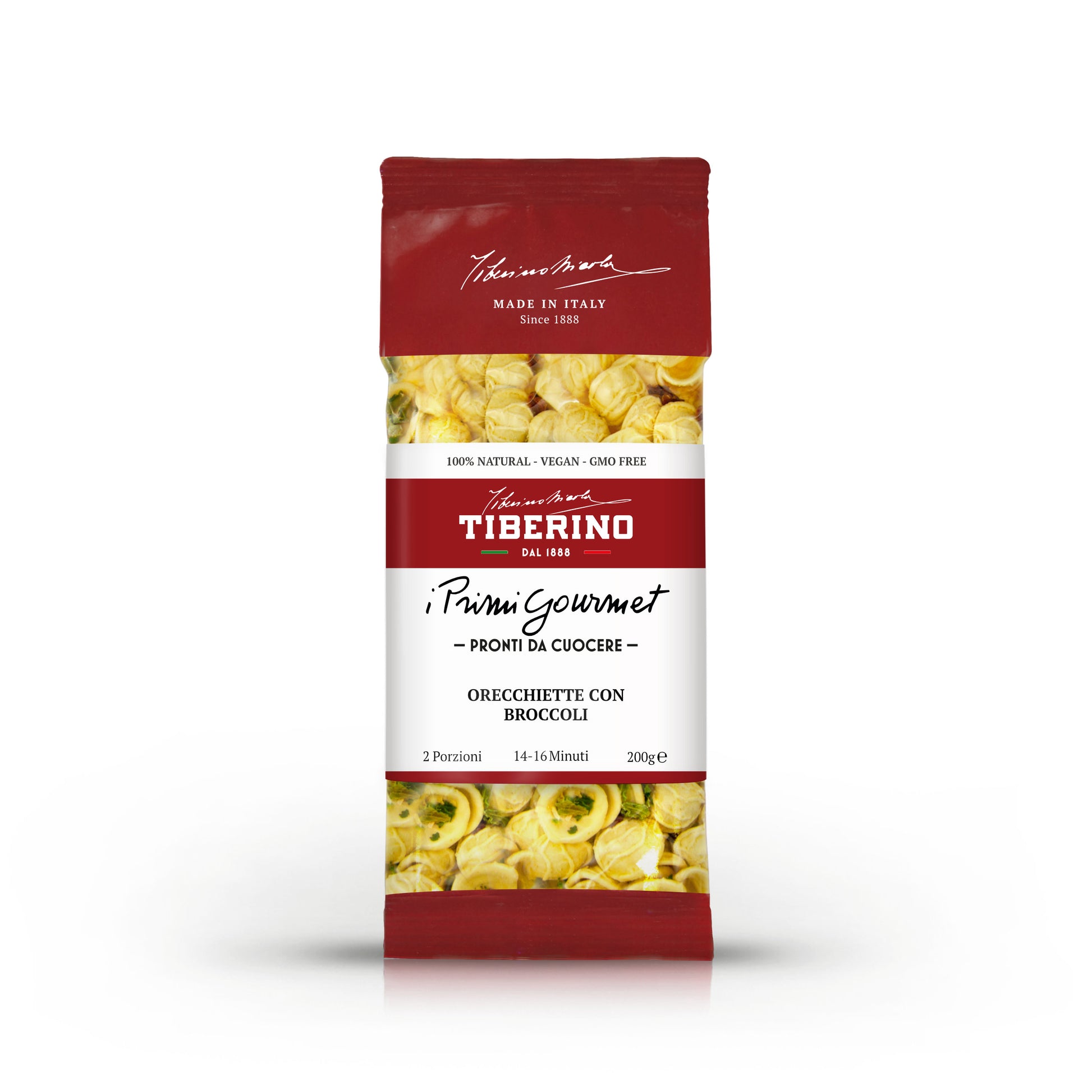 Confezione rossa Tiberino 1888 di orecchiette con broccoli, 200g, 2 porzioni, tempo cottura 14-16 minuti.