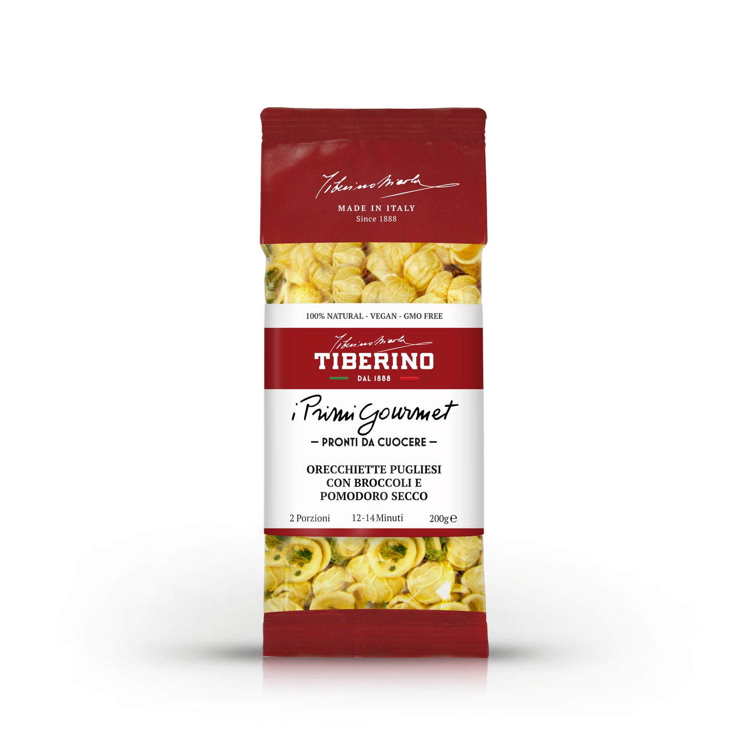 Confezione rossa Tiberino 1888 di orecchiette pugliesi con broccoli e pomodoro secco, 200g.