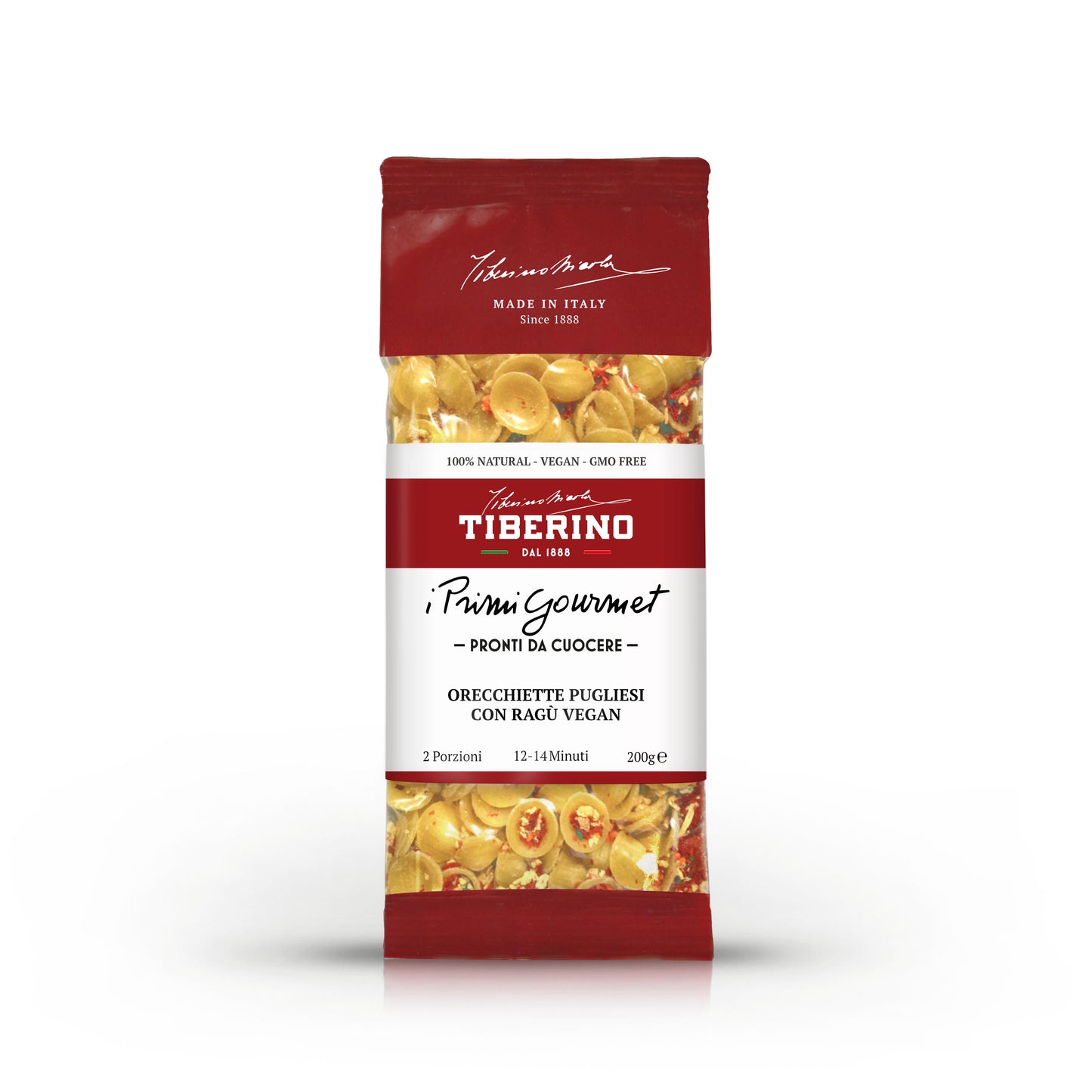 Confezione rossa opaca di Orecchiette Pugliesi con Ragù Vegan Tiberino 1888, 200g, con finestra trasparente che mostra la pasta.