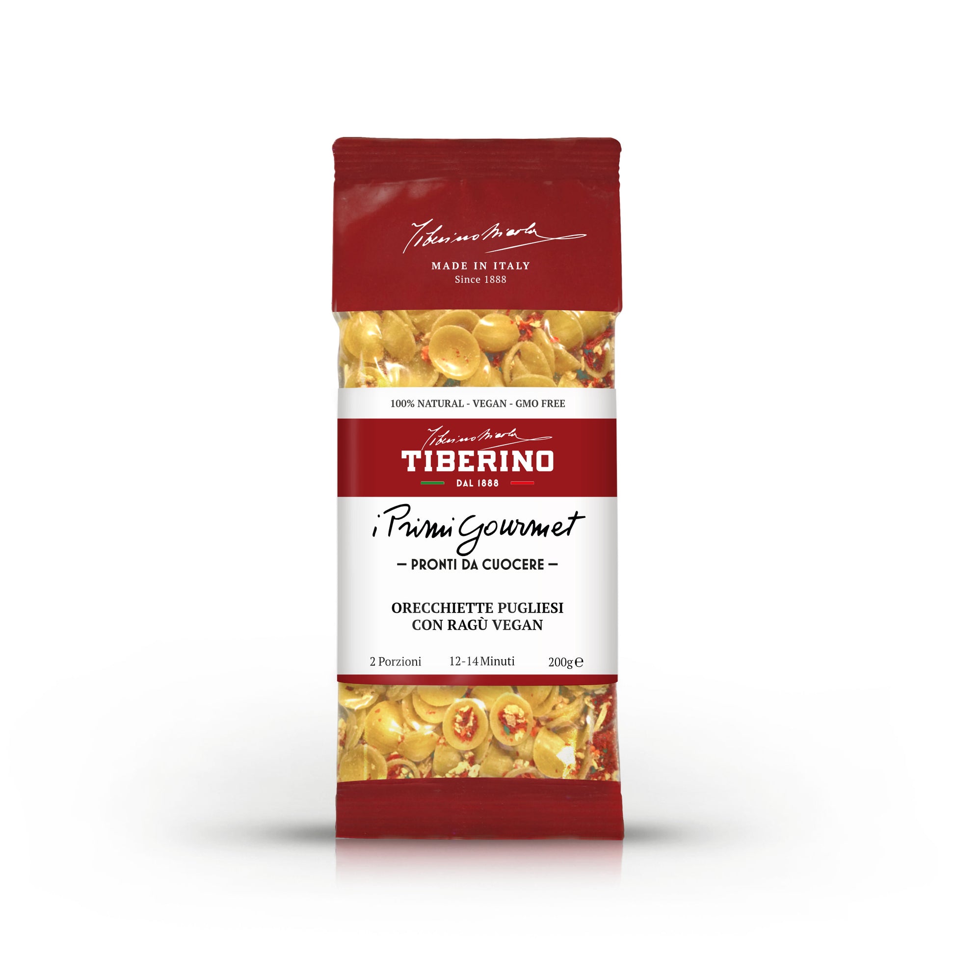 Confezione rossa opaca di Orecchiette Pugliesi con Ragù Vegan Tiberino 1888, 200g, con finestra trasparente che mostra la pasta.