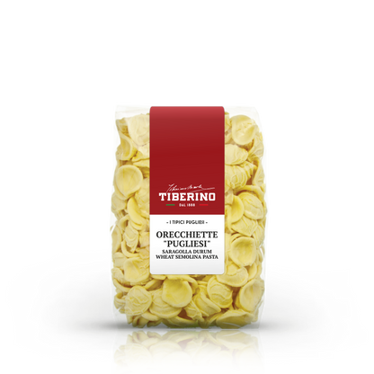Confezione trasparente di Orecchiette Pugliesi Saragolla di semola di grano duro Tiberino 1888, etichetta rossa.