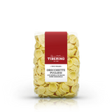 Confezione trasparente di Orecchiette Pugliesi Tiberino 1888 con etichetta rossa e testo bianco.