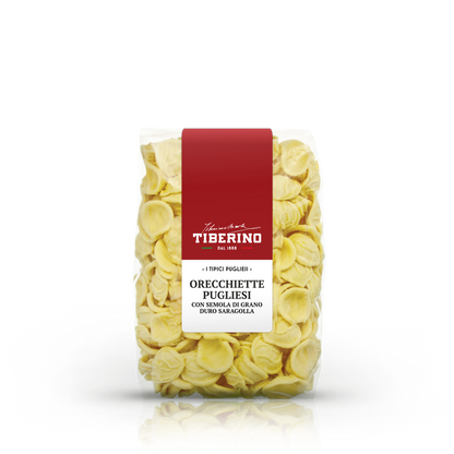 Confezione trasparente di Orecchiette Pugliesi Tiberino 1888 con etichetta rossa e testo bianco.