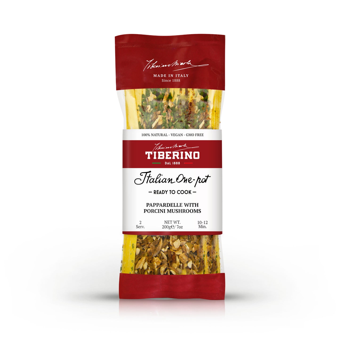 Confezione rossa e trasparente di Pappardelle Tiberino 1888 con funghi porcini, 200g, 2 porzioni.