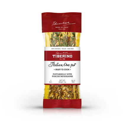 Confezione rossa e trasparente di Pappardelle Tiberino 1888 con funghi porcini, 200g, 2 porzioni.