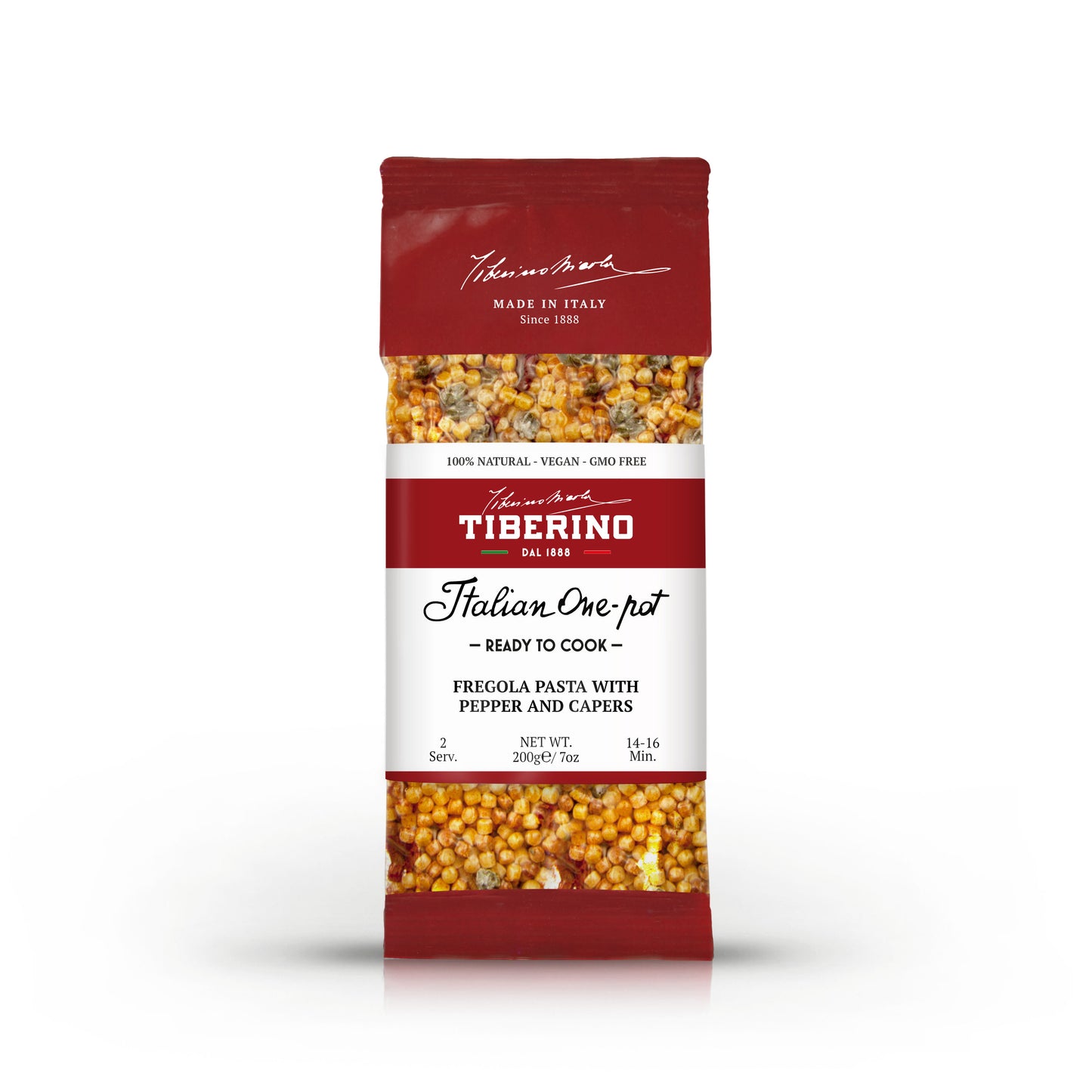 Confezione rossa di pasta Fregola Sarda ai peperoni rossi e capperi al sale, marchio Tiberino 1888, 200g.