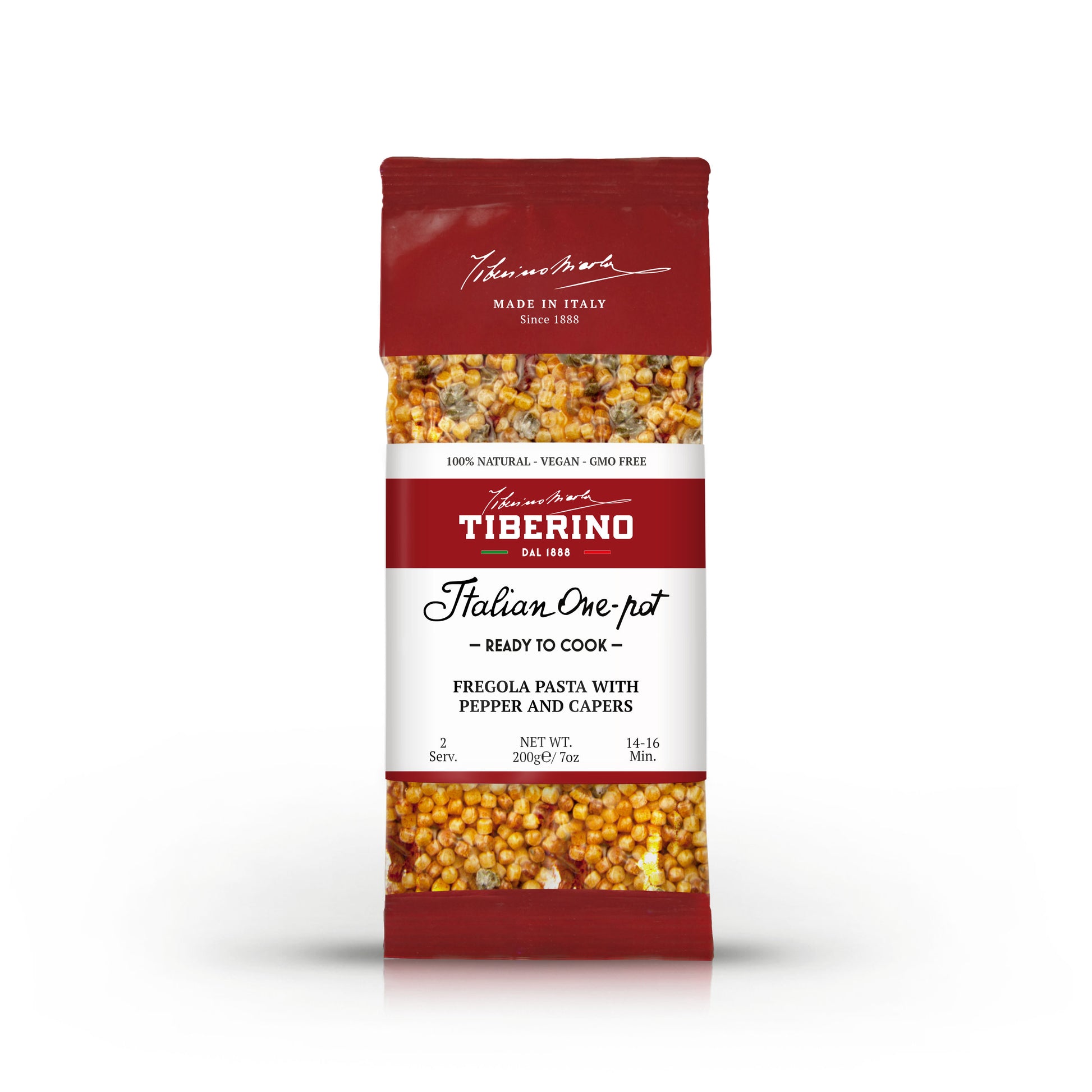 Confezione rossa di pasta Fregola Sarda ai peperoni rossi e capperi al sale, marchio Tiberino 1888, 200g.