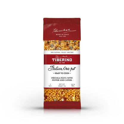 Confezione rossa di pasta Fregola Sarda ai peperoni rossi e capperi al sale, marchio Tiberino 1888, 200g.