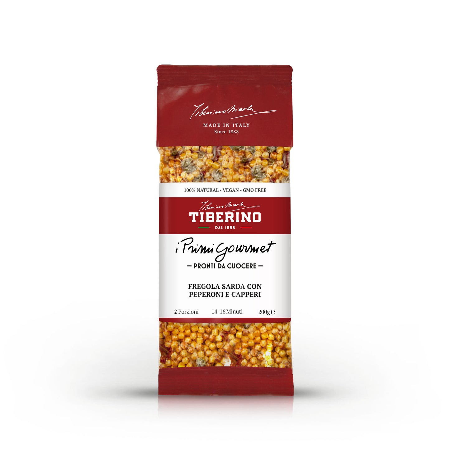 Confezione rossa di pasta Tiberino 1888 Fregola Sarda con Peperoni e Capperi, 200g, con finestra trasparente che mostra la pasta.