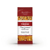 Confezione rossa di pasta Tiberino 1888 Fregola Sarda con Peperoni e Capperi, 200g, con finestra trasparente che mostra la pasta.