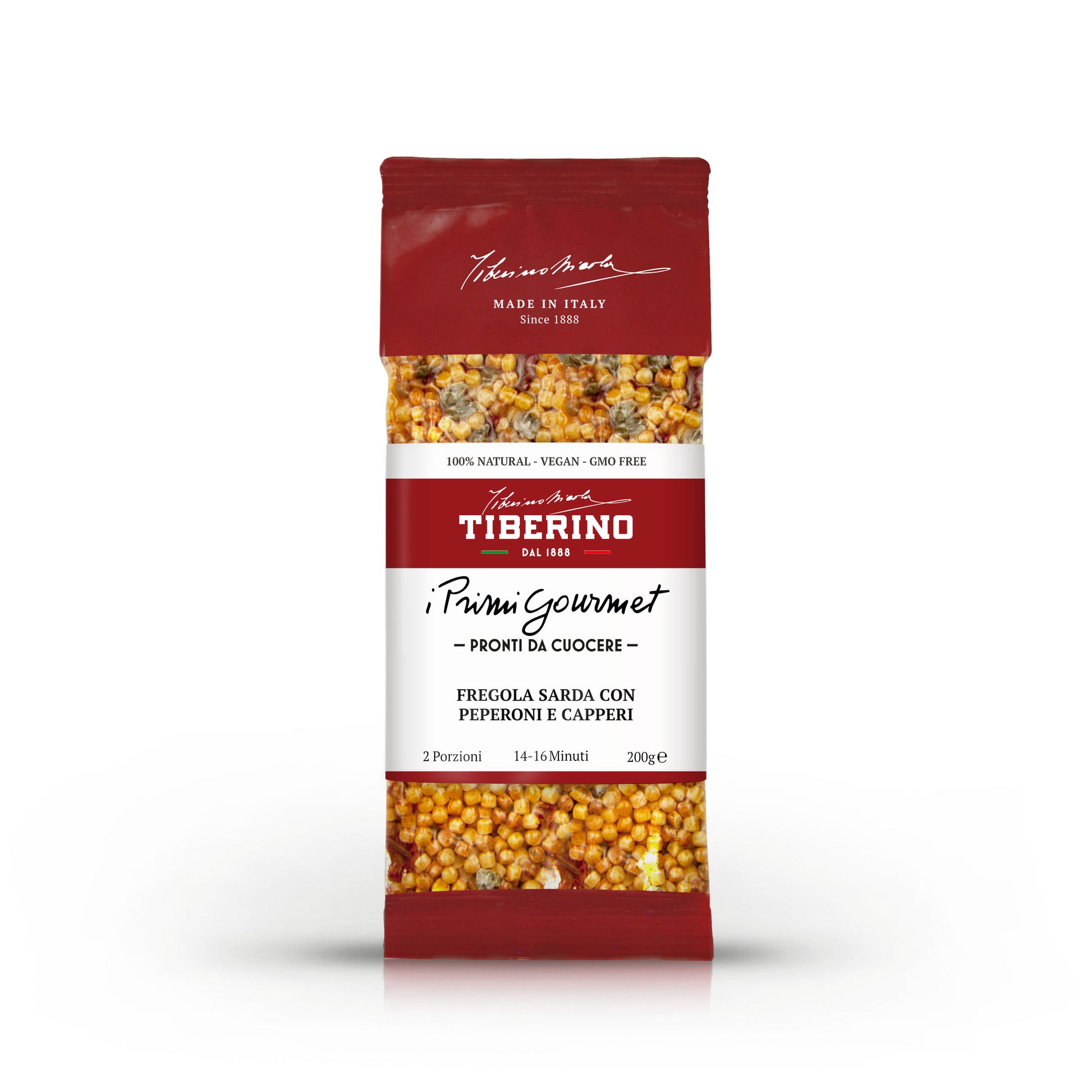 Confezione rossa di pasta Tiberino 1888 Fregola Sarda con Peperoni e Capperi, 200g, con finestra trasparente che mostra la pasta.