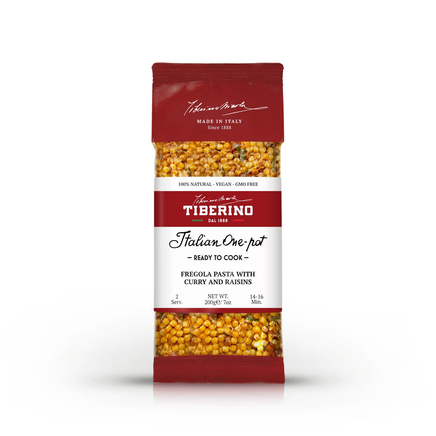 Confezione rossa opaca di fregola sarda con curry e uvetta Tiberino 1888, 200g, 2 porzioni.