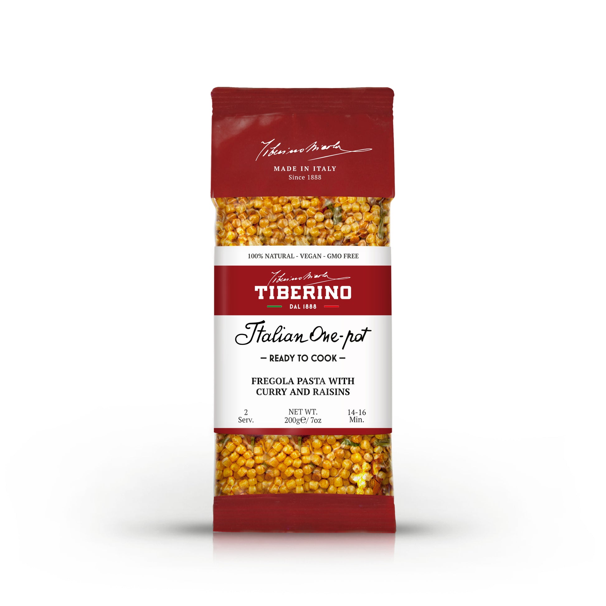 Confezione rossa opaca di fregola sarda con curry e uvetta Tiberino 1888, 200g, 2 porzioni.