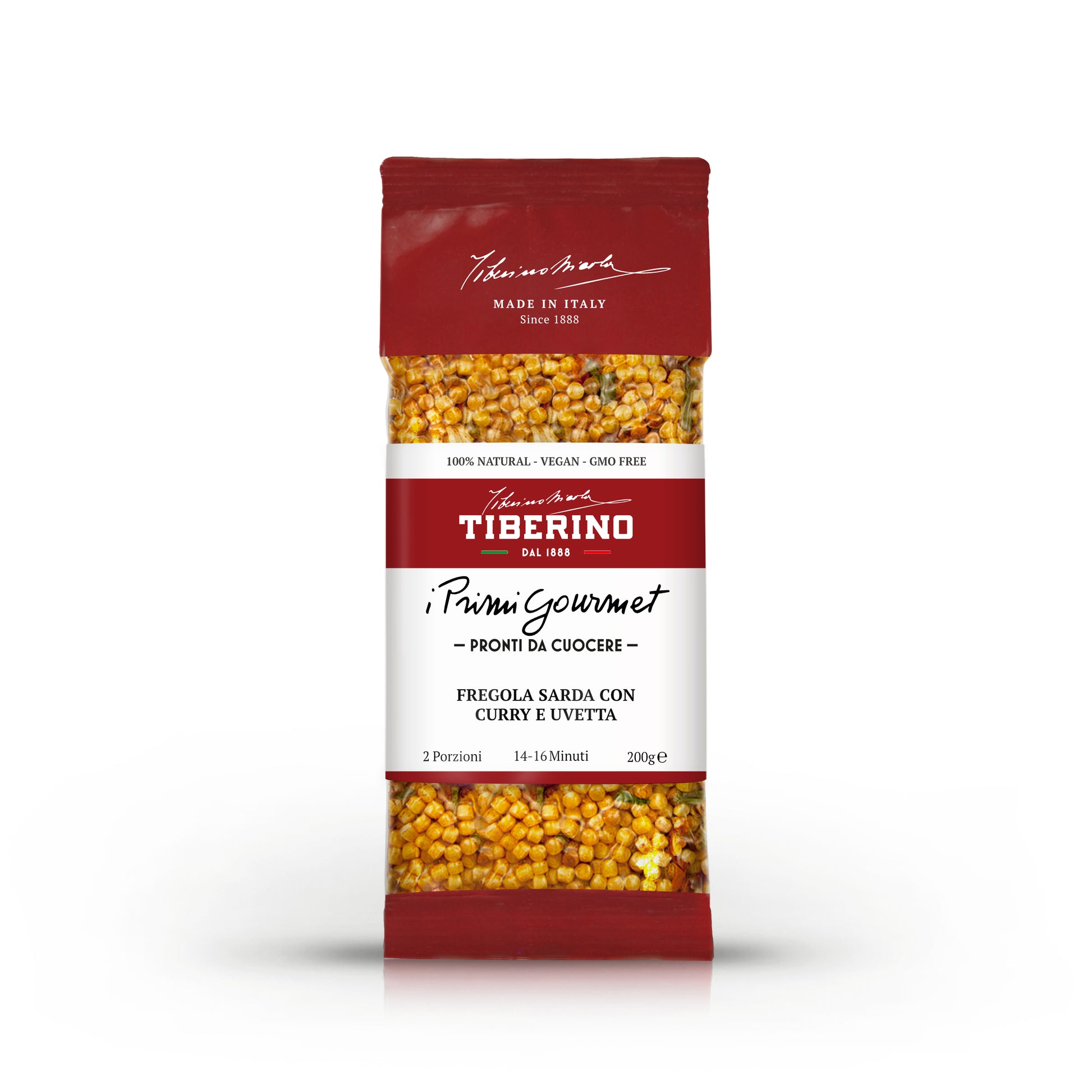 Confezione rossa opaca di Fregola Sarda con Curry e Uvetta Tiberino 1888, 200g, con pasta visibile.
