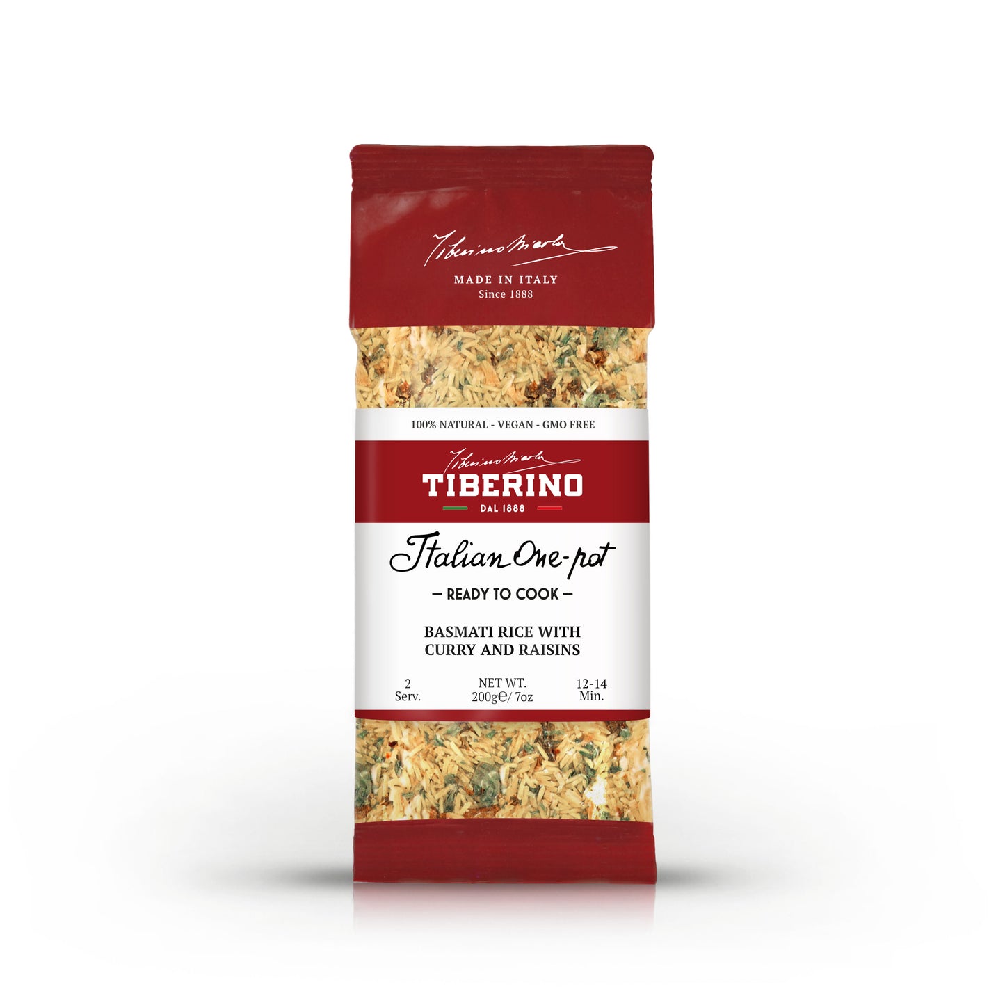 Confezione rossa e bianca di Riso Basmati con curry e uvetta Tiberino 1888, 200g, 2 porzioni.