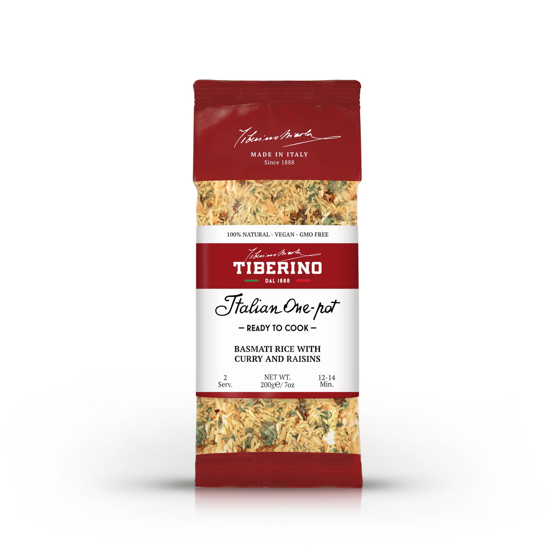 Confezione rossa e bianca di Riso Basmati con curry e uvetta Tiberino 1888, 200g, 2 porzioni.
