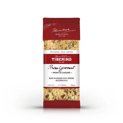Confezione rossa Tiberino 1888 "I Primi Gourmet" Riso Basmati con Spezie all'Indiana, 200g, ingredienti visibili.