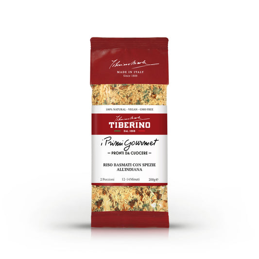 Confezione rossa Tiberino 1888 "I Primi Gourmet" Riso Basmati con Spezie all'Indiana, 200g, ingredienti visibili.