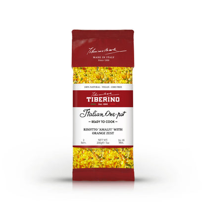 Confezione rossa e gialla di Risotto "Amalfi" con scorzette d'arancia Tiberino 1888, 200g, 2 porzioni.