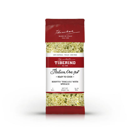 Confezione rossa e bianca di Risotto "Toscana" con spinaci Tiberino 1888, 200g, 2 porzioni.