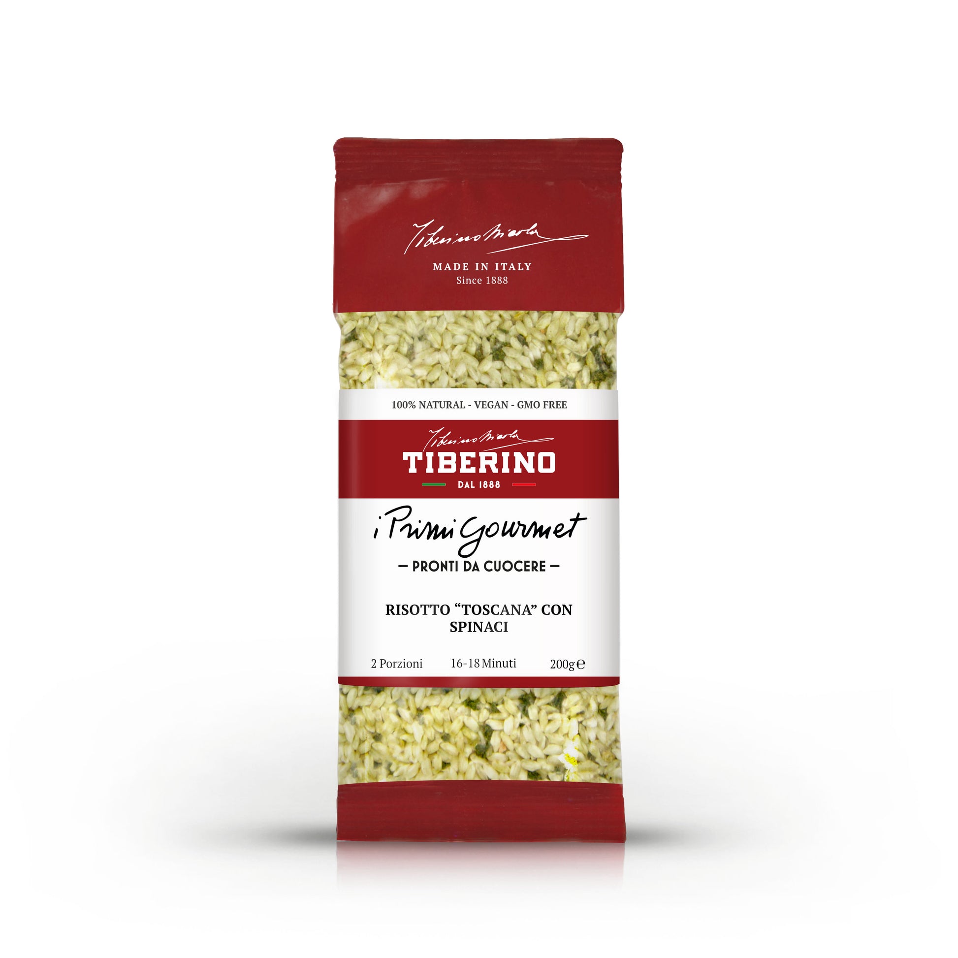 Confezione rossa e bianca di Risotto "Toscana" con spinaci Tiberino 1888, 200g, per 2 porzioni.