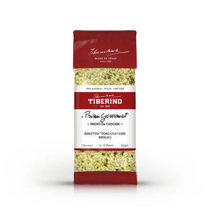 Confezione rossa e bianca di Risotto "Toscana" con spinaci Tiberino 1888, 200g, per 2 porzioni.