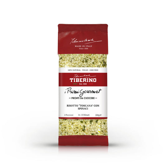 Confezione rossa e bianca di Risotto "Toscana" con spinaci Tiberino 1888, 200g, per 2 porzioni.