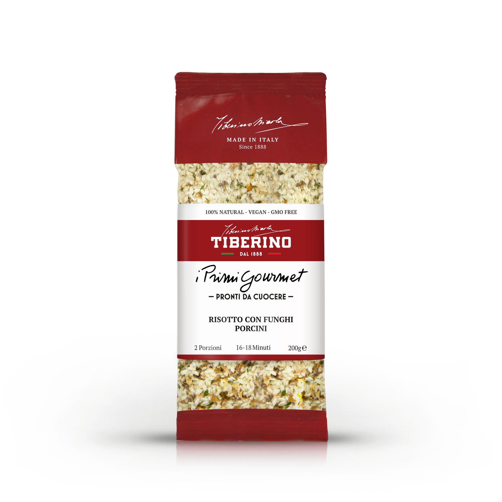 Confezione rossa opaca di Risotto con Funghi Porcini Tiberino 1888, 200g, con riso e funghi visibili.