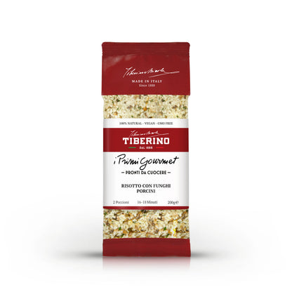 Confezione rossa opaca di Risotto con Funghi Porcini Tiberino 1888, 200g, con riso e funghi visibili.