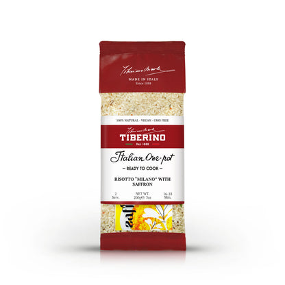 Confezione rossa e trasparente di Risotto "Milano" con Zafferano Tiberino 1888, 200g, per 2 porzioni.