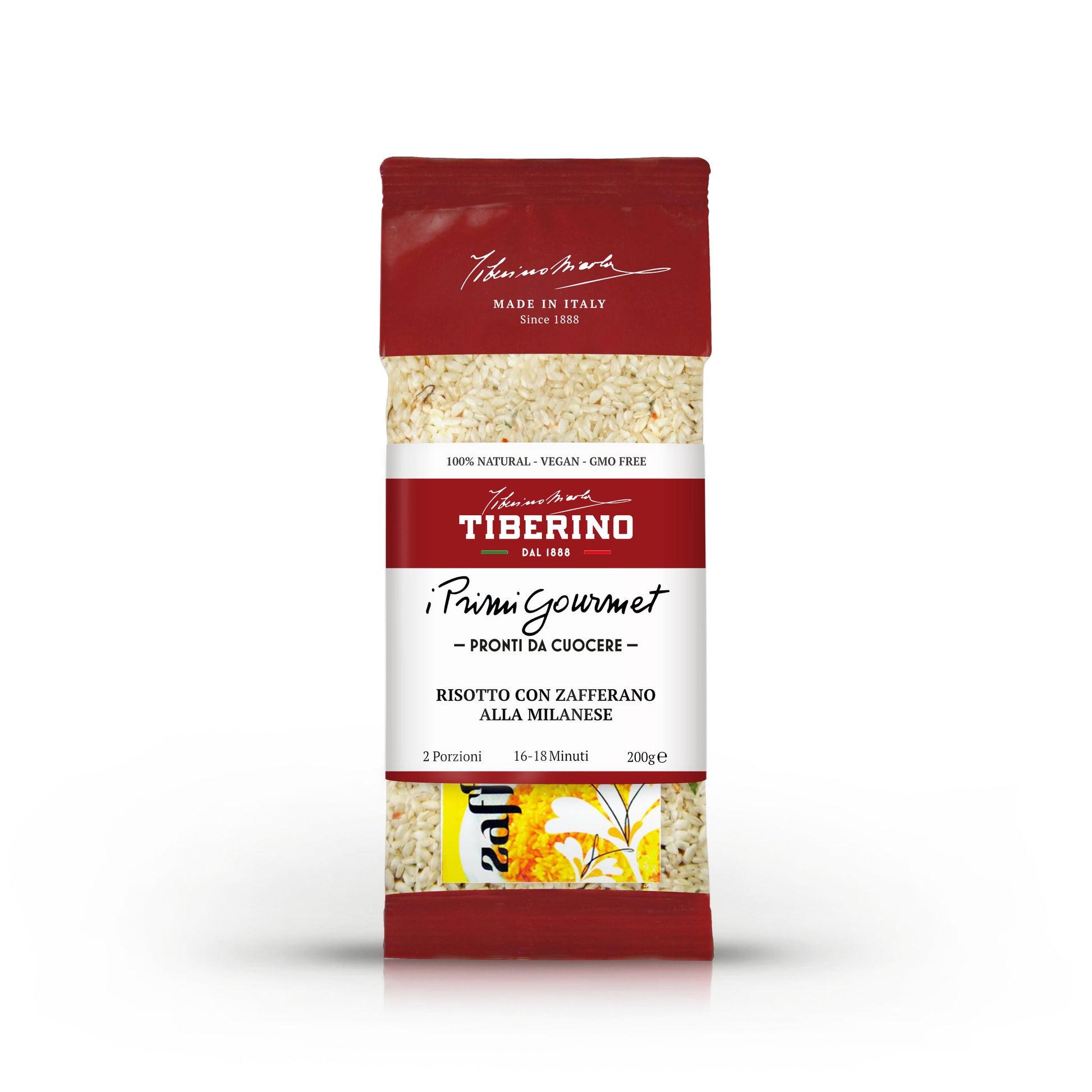 Confezione rossa e trasparente di Risotto con Zafferano alla Milanese Tiberino 1888, 200g, con riso visibile.