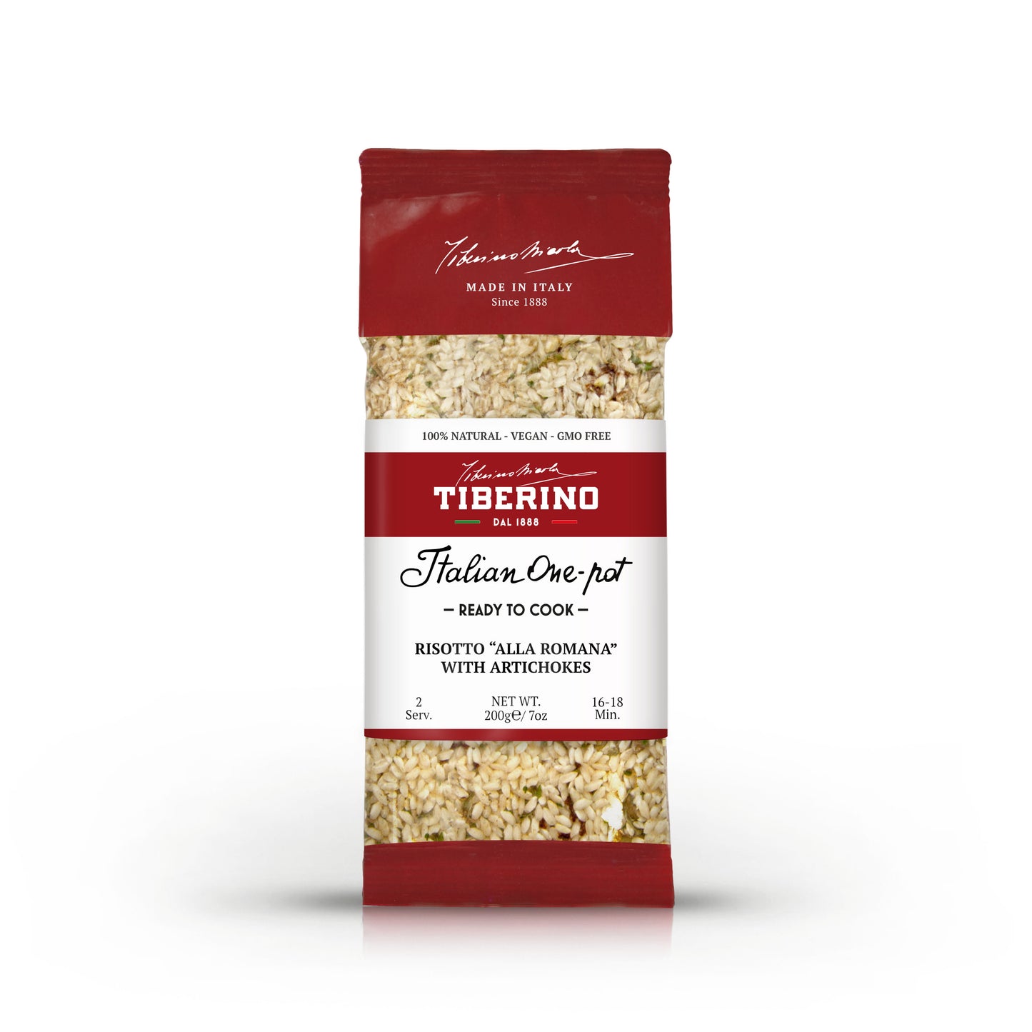 Confezione rossa e bianca di Risotto "Alla Romana" con carciofi Tiberino 1888, 200g, 2 porzioni.