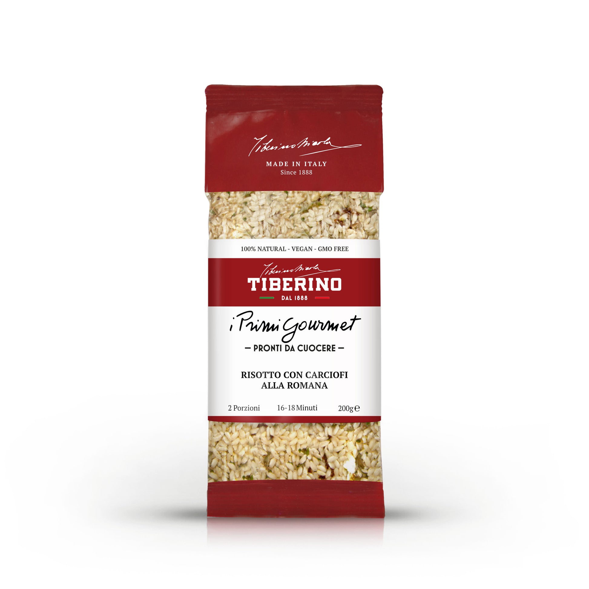 Confezione verticale di risotto Tiberino 1888 con carciofi alla Romana, sfondo rosso bordeaux, centro trasparente con riso e verdure, 200g.