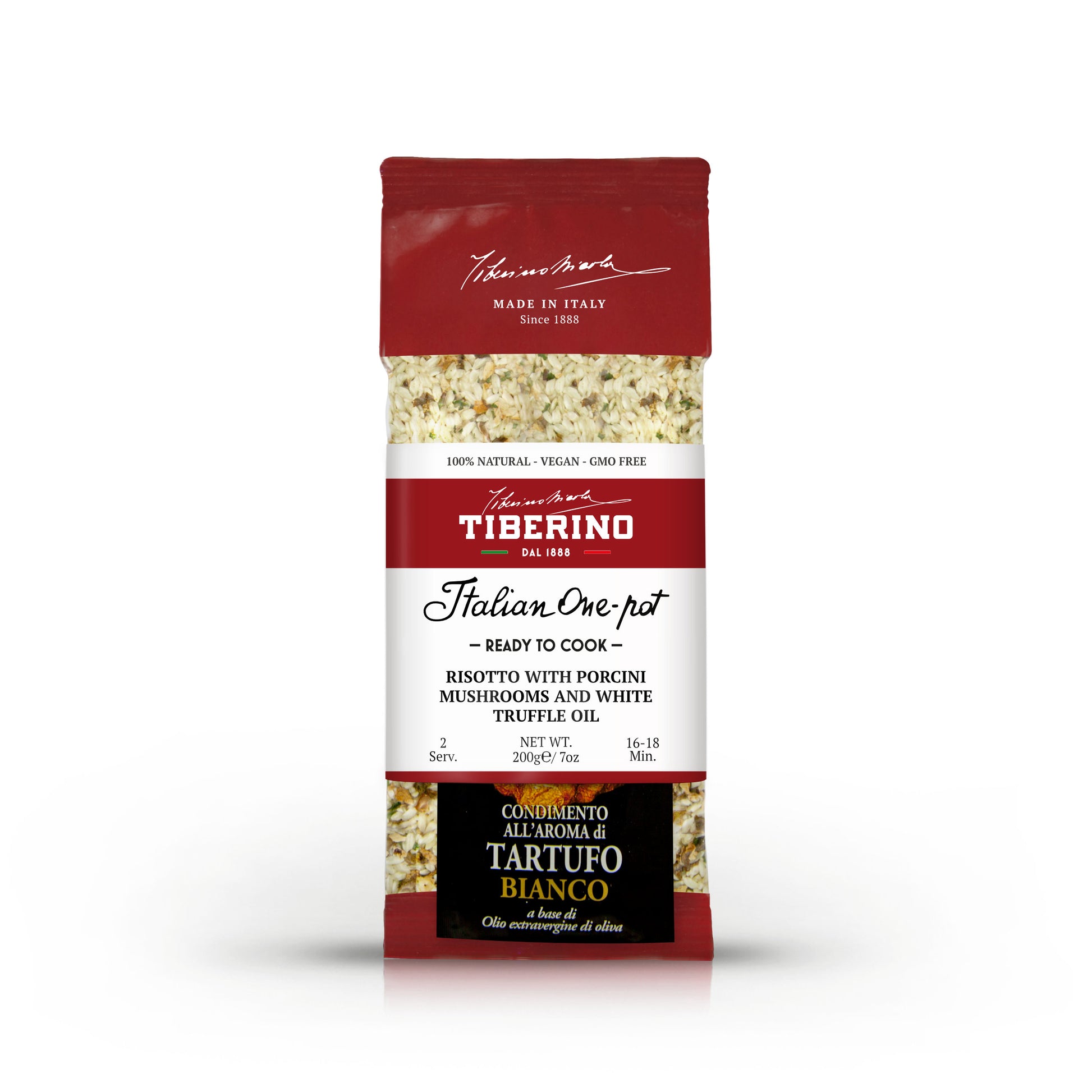 Confezione rossa e bianca di Risotto con Porcini e Olio al Tartufo Bianco Tiberino 1888, 200g.