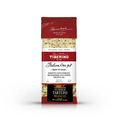 Confezione rossa e bianca di Risotto con Porcini e Olio al Tartufo Bianco Tiberino 1888, 200g.
