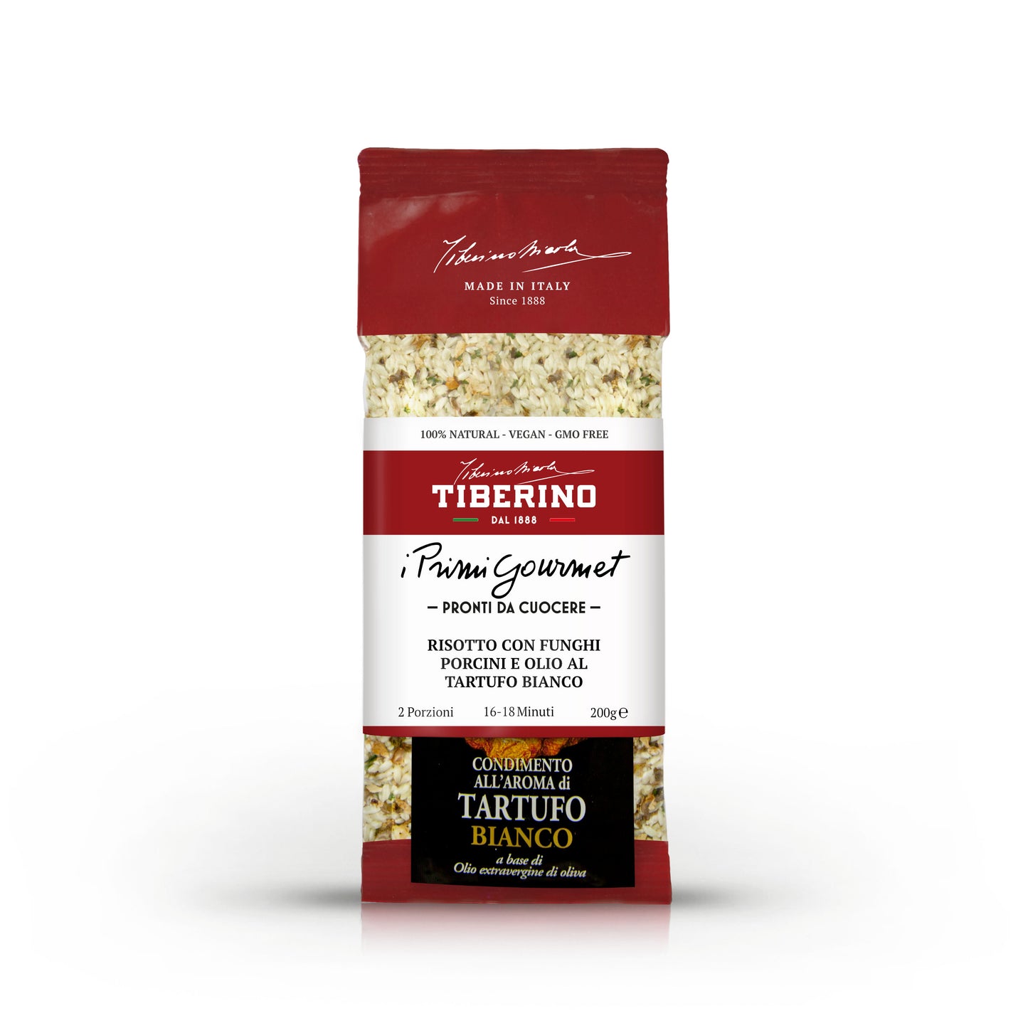 Busta rossa opaca di Risotto con funghi porcini e olio al tartufo bianco Tiberino 1888, 200g.